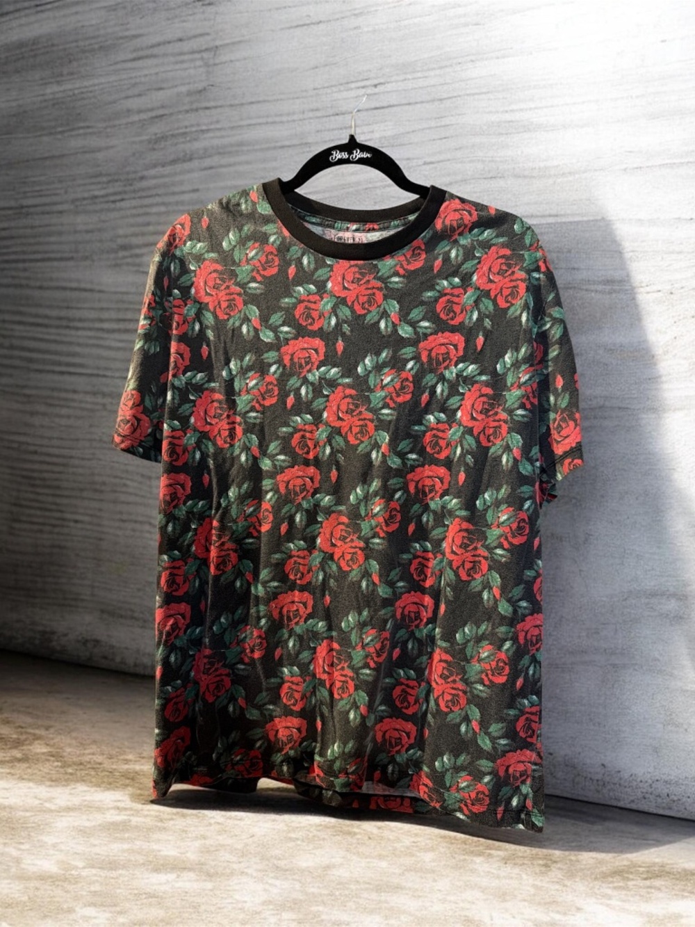 Men's Rose Print T-Shirt Black Red Floral Short Sleeve